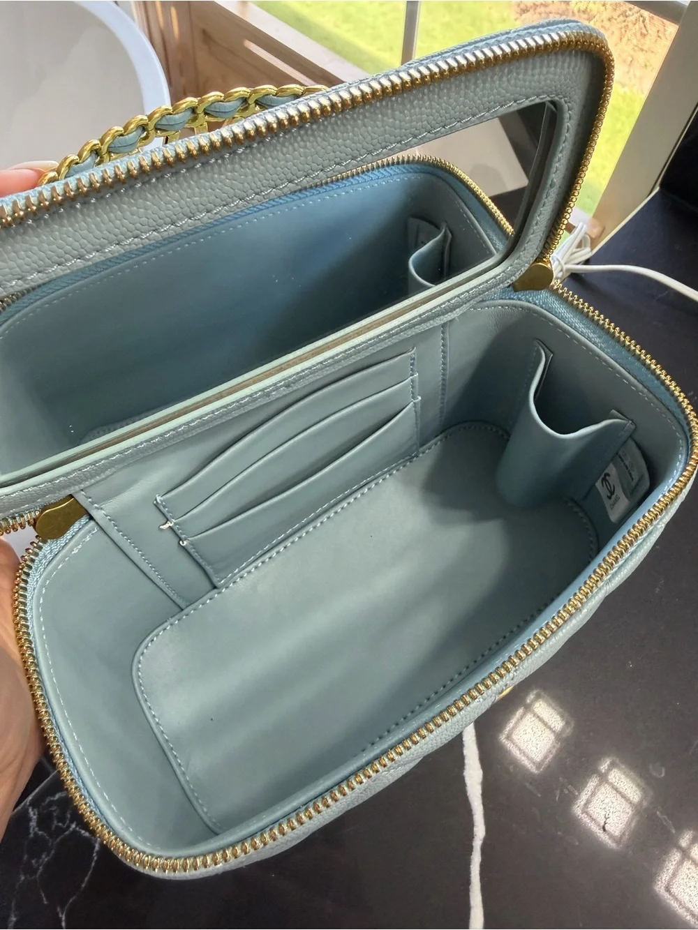 CHANEL Light Blue Quilted Vanity Crossbody with Gold Hardware